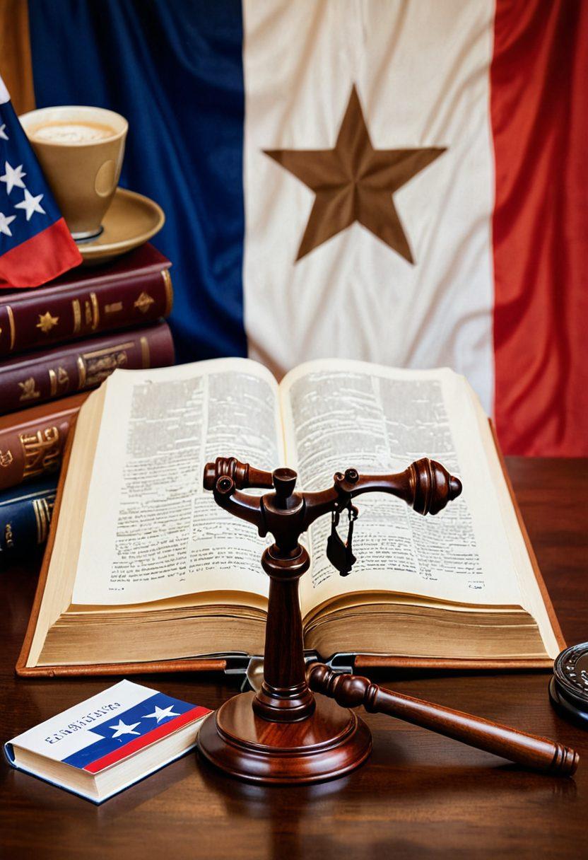 An open book with a Texas flag backdrop, illustrating the Texas state outline filled with legal symbols like scales of justice and gavel. Include a magnifying glass highlighting critical legal texts, alongside a steaming cup of coffee for a cozy study vibe. The setting should convey a sense of enlightenment and discovery, inviting readers to explore their rights. super-realistic. warm colors. cozy atmosphere.