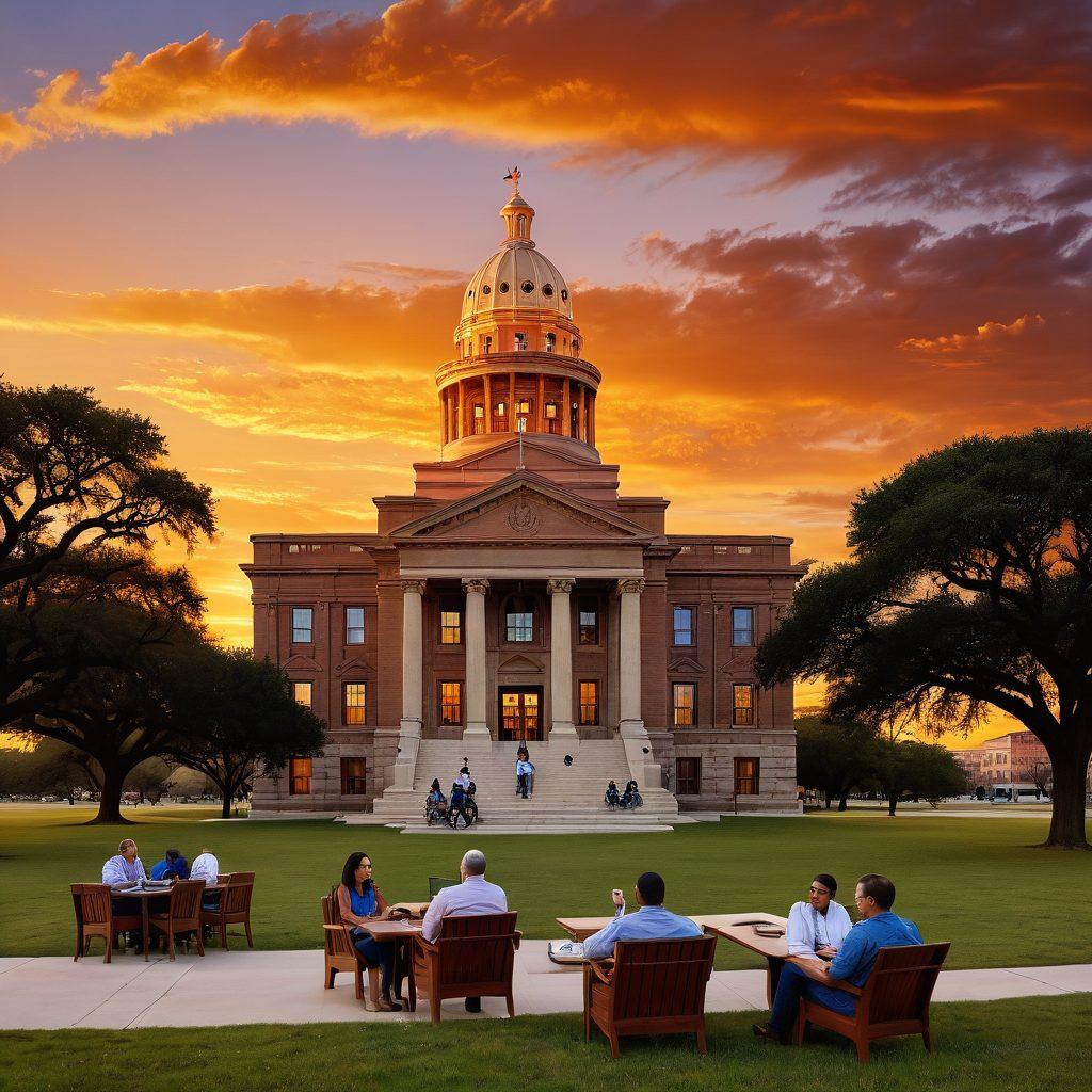 A Texas sunset over a courthouse symbolizing the legal landscape, with iconic Texas symbols like the Lone Star and longhorns in the foreground. Include a diverse group of Texans discussing updates and resources in a friendly manner, showcasing collaboration and community. Infuse elements of a digital legal guide, like documents and a laptop, subtly in the scene. warm colors. super-realistic. vibrant tones.