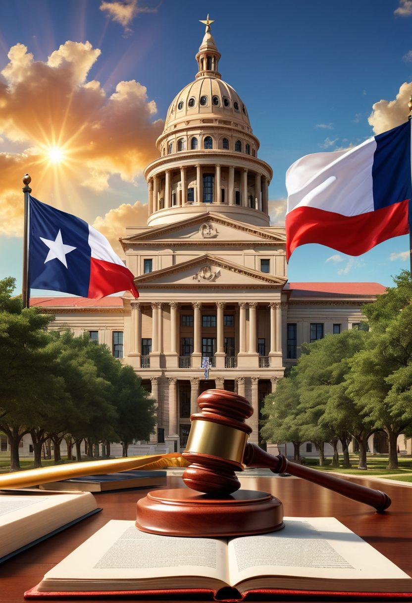 A Texas landscape featuring a gavel and the Texas state flag intertwined, surrounded by a diverse group of people discussing legal documents. Include symbolic elements like a courthouse and books on legal advice in the background. The sky is bright and sunny, conveying hope and knowledge. vibrant colors. super-realistic.